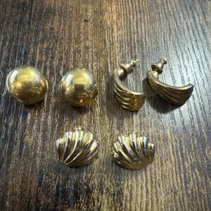 Lot of 3 Vintage Monet Gold Tone Sea Shell Round Ball C Hoop Earrings